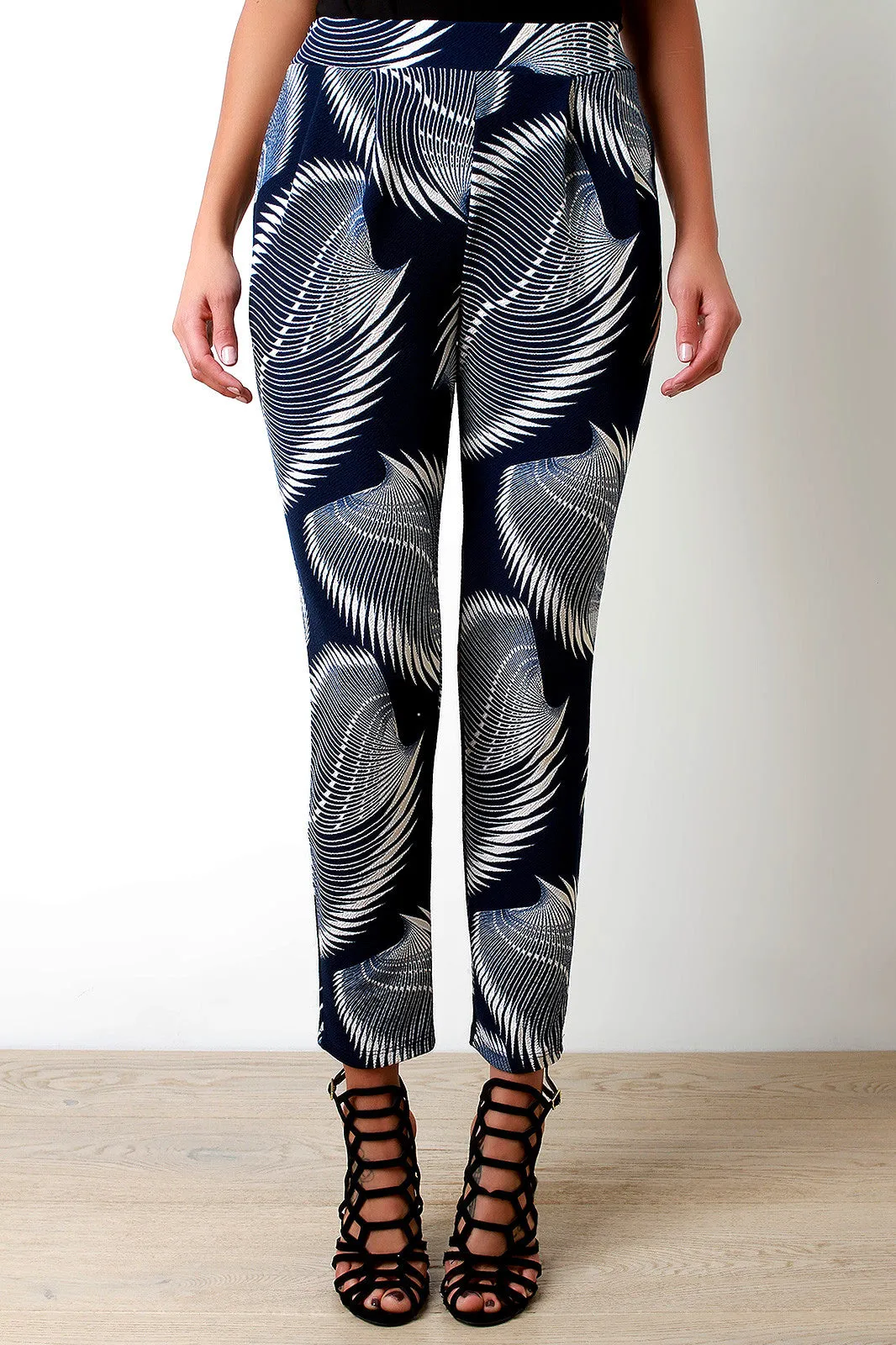 Abstract Blades Print High Waist Pocketed Pants