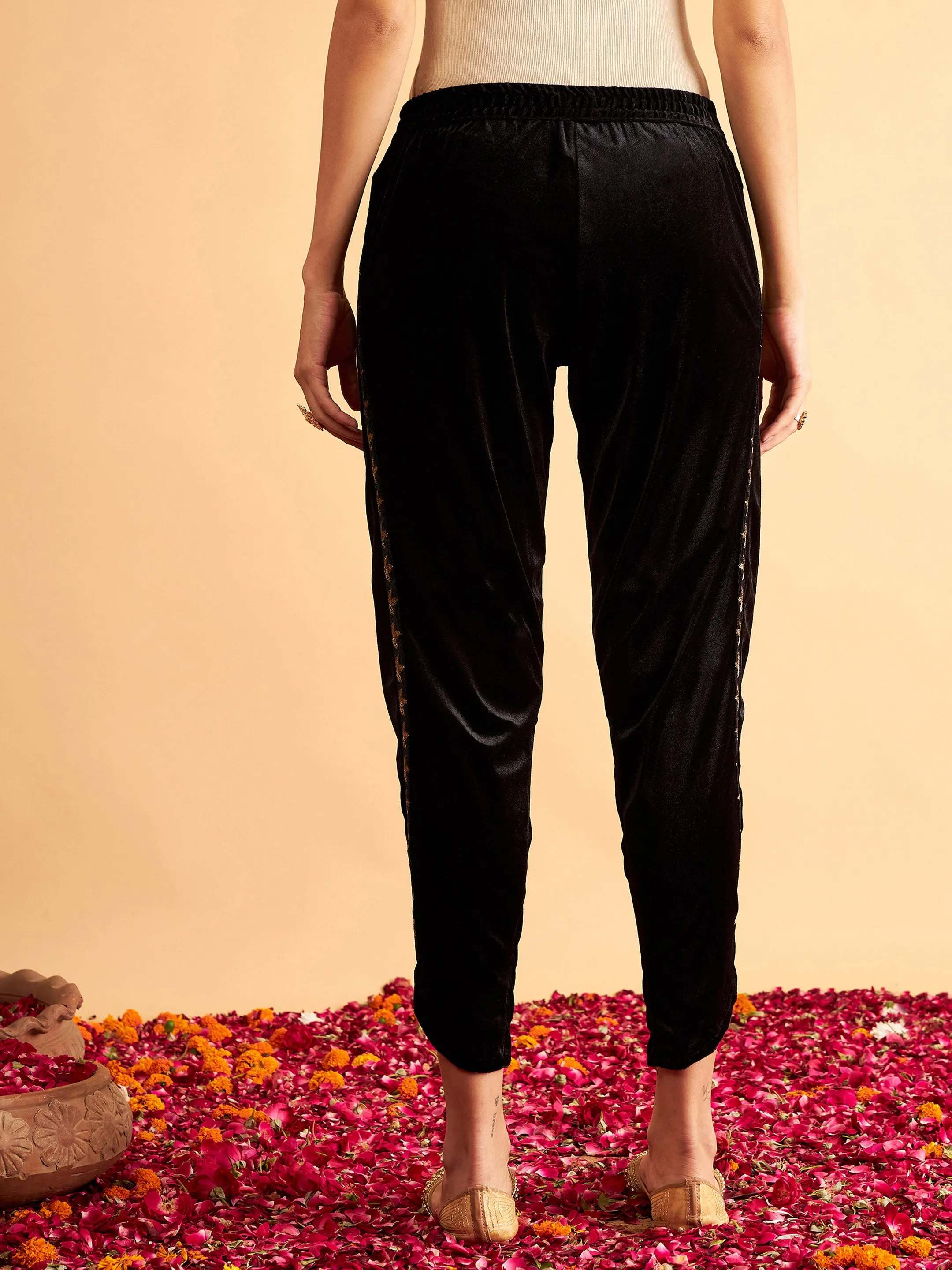 Black Velvet Embroidered Tulip Pants