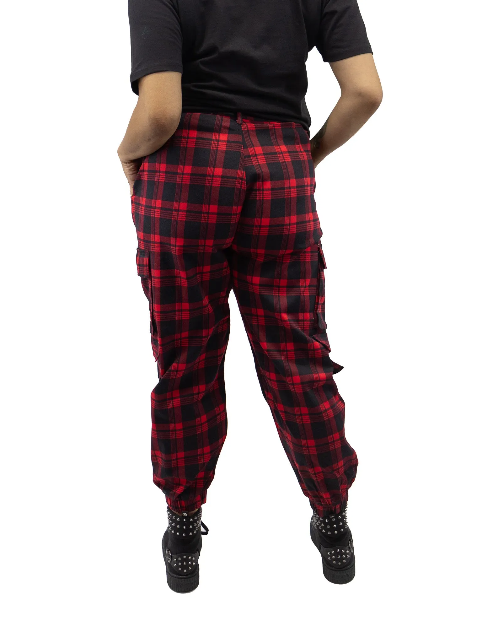 Cece Red Plaid Cargo Joggers