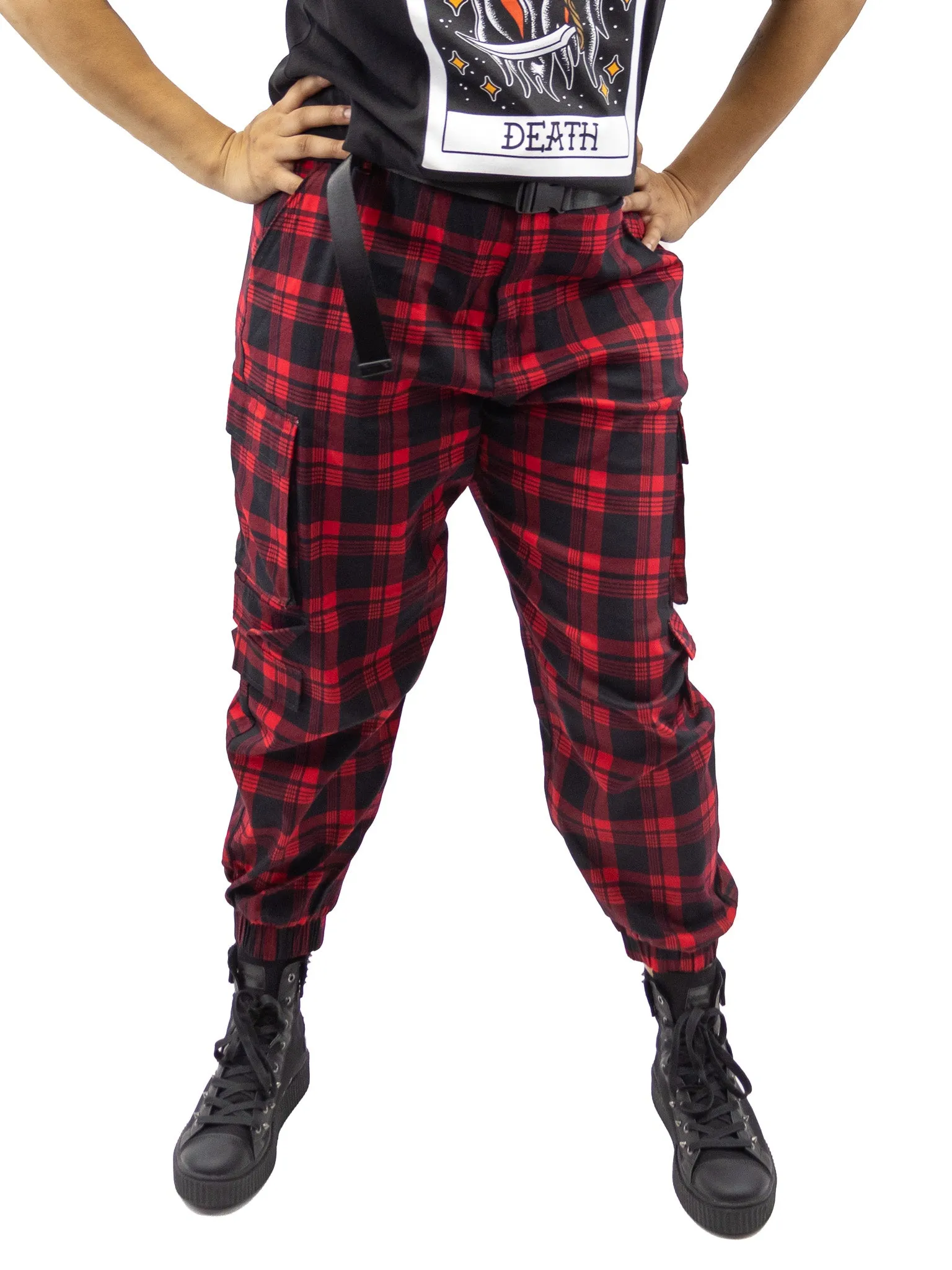 Cece Red Plaid Cargo Joggers