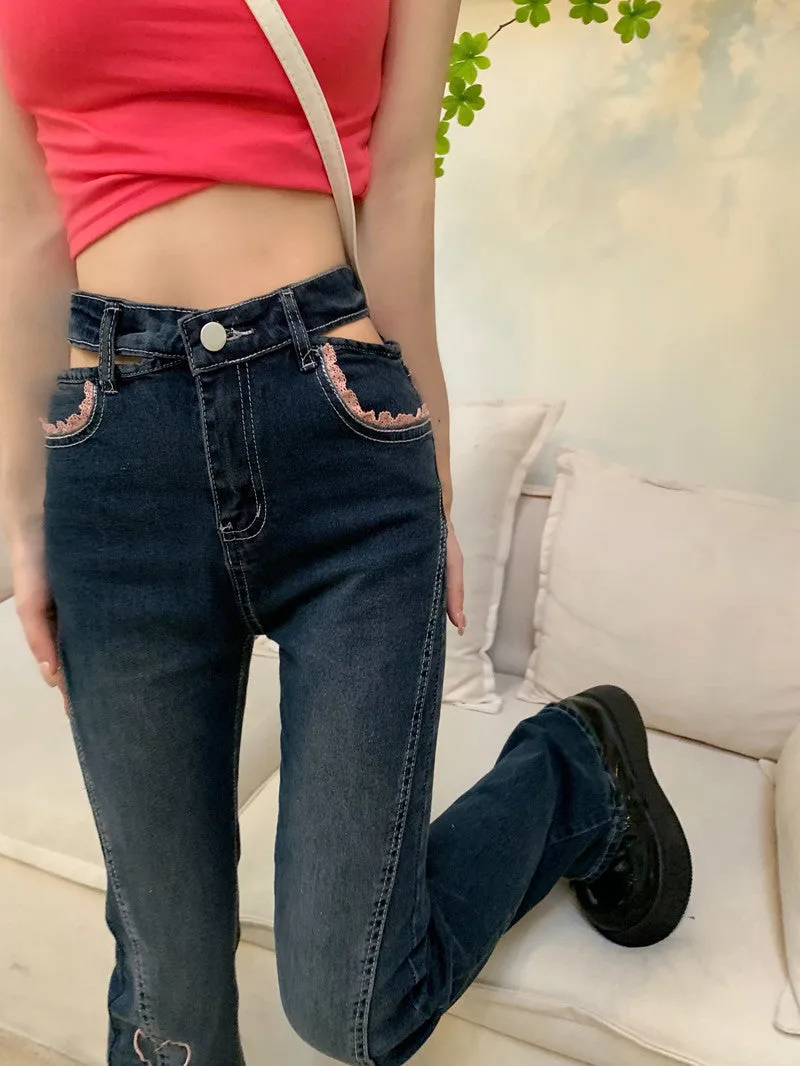 Cute Denim Pink Heart High Waist Jeans Pants