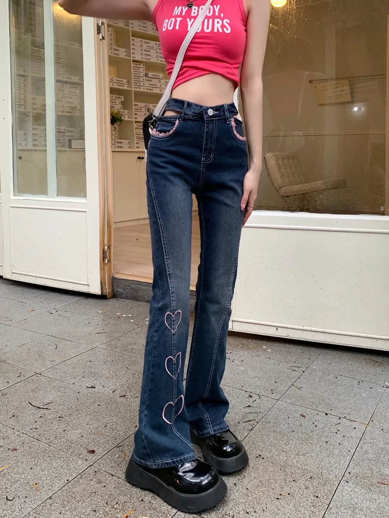 Cute Denim Pink Heart High Waist Jeans Pants