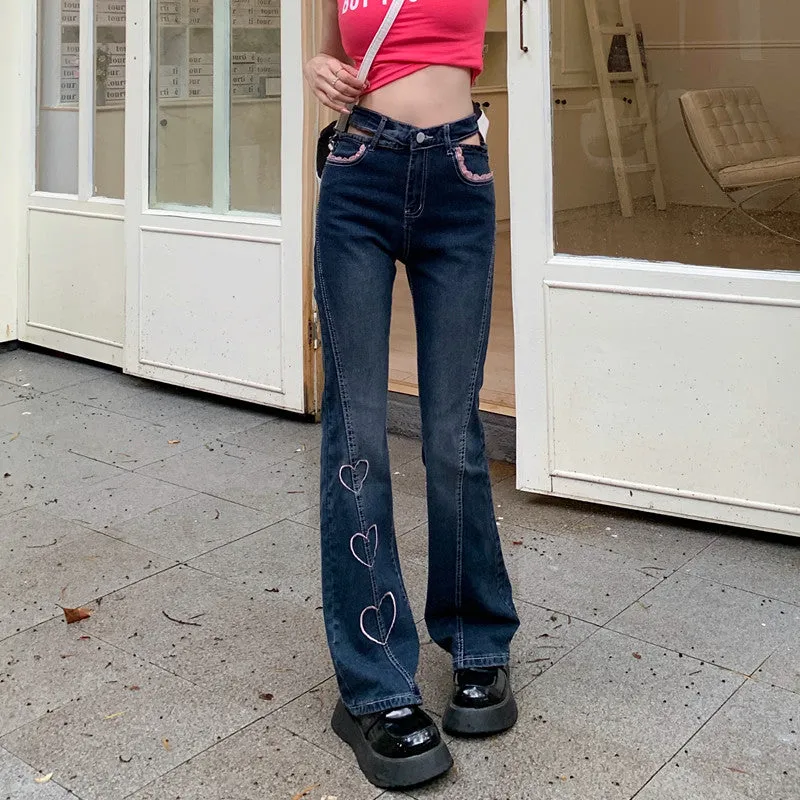 Cute Denim Pink Heart High Waist Jeans Pants
