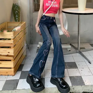 Cute Denim Pink Heart High Waist Jeans Pants