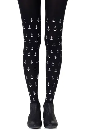 Elegant Light Grey Anchor Prints 120 Denier Opaque Black Tights