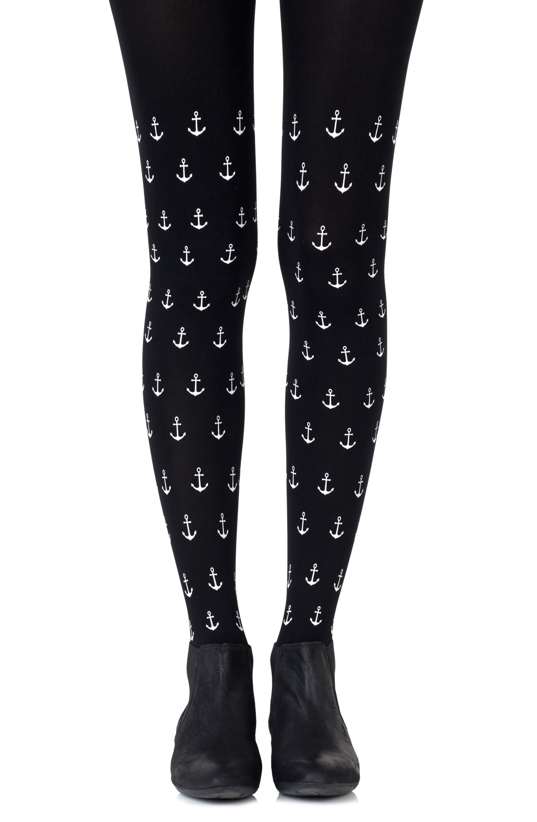 Elegant Light Grey Anchor Prints 120 Denier Opaque Black Tights