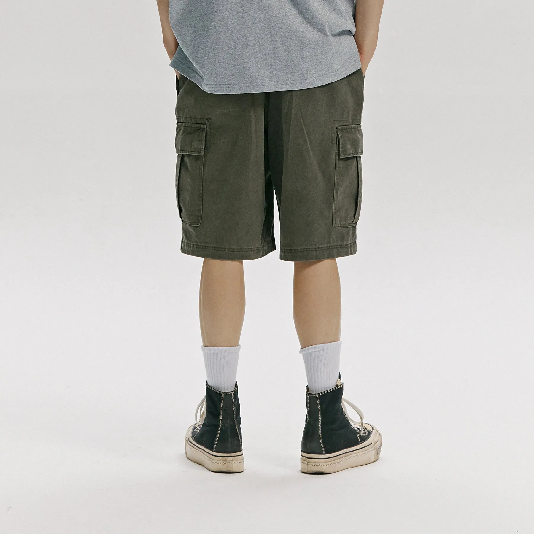 FADED COTTON CARGO SHORTS - OLIVE
