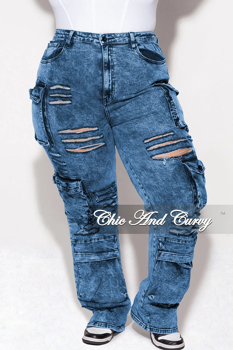 Final Sale Plus Size Cargo Distressed Pants in Blue Wash Denim