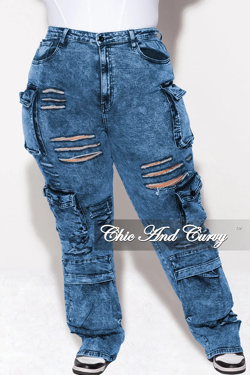 Final Sale Plus Size Cargo Distressed Pants in Blue Wash Denim