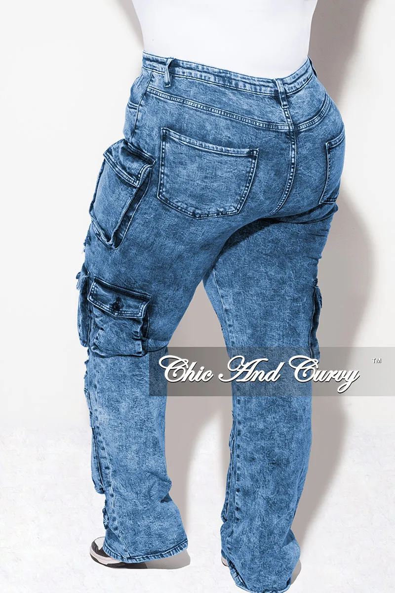 Final Sale Plus Size Cargo Distressed Pants in Blue Wash Denim