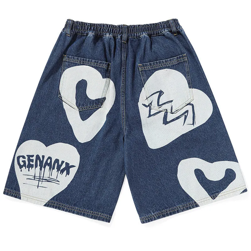 Funny Heart Letter Cartoon Print Denim Shorts