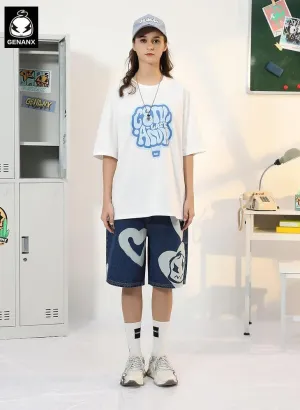 Funny Heart Letter Cartoon Print Denim Shorts