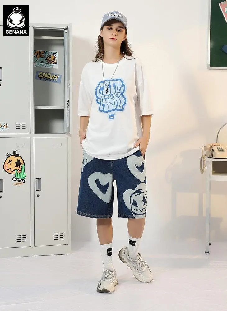 Funny Heart Letter Cartoon Print Denim Shorts