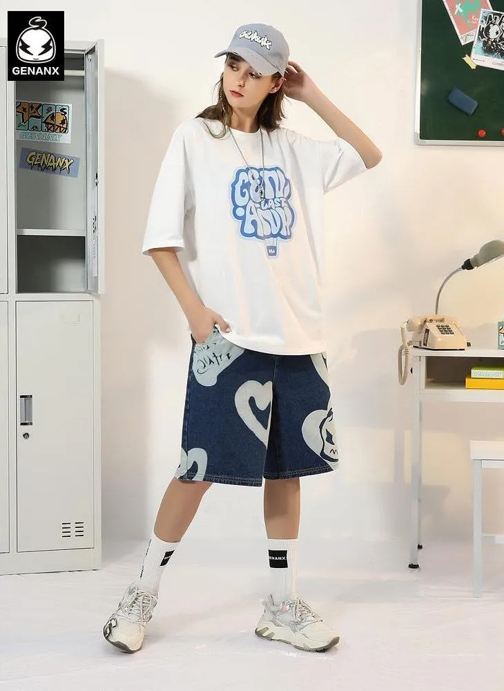 Funny Heart Letter Cartoon Print Denim Shorts