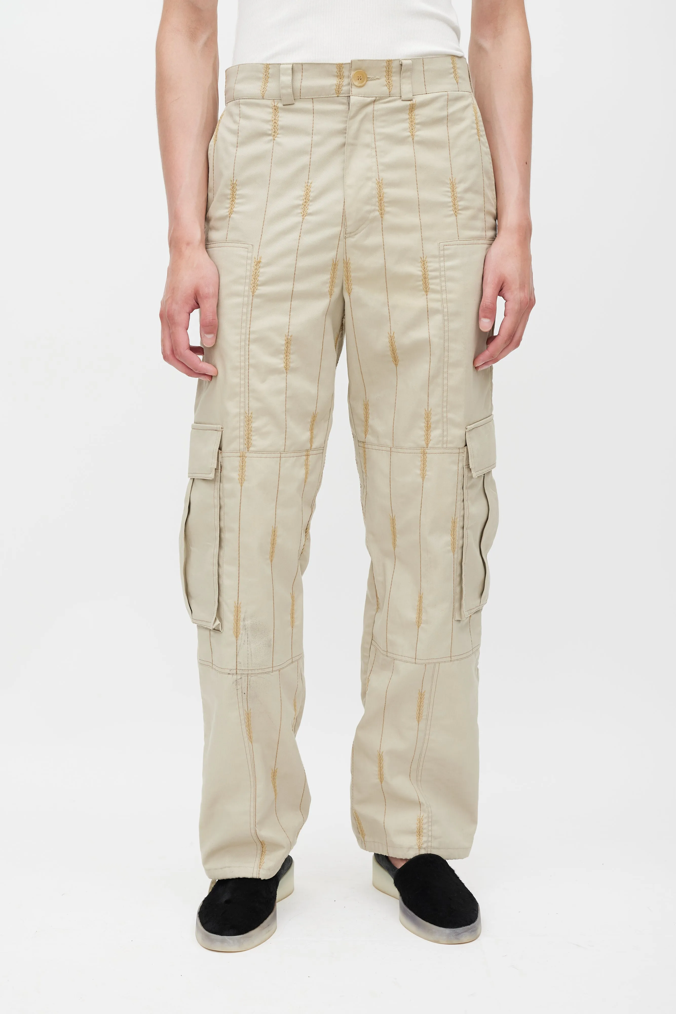 FW 2019 Le Meunier Beige Embroidered Cargo Pant
