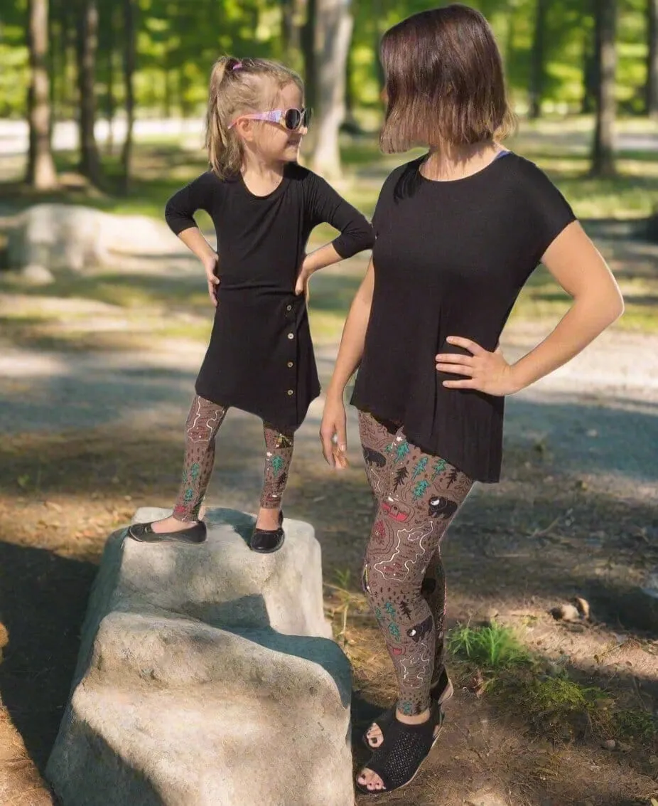 Girls Camper Bear Owl Leggings, Kids Yoga Pants, Sizes S/L, No-Roll Waist, Brown