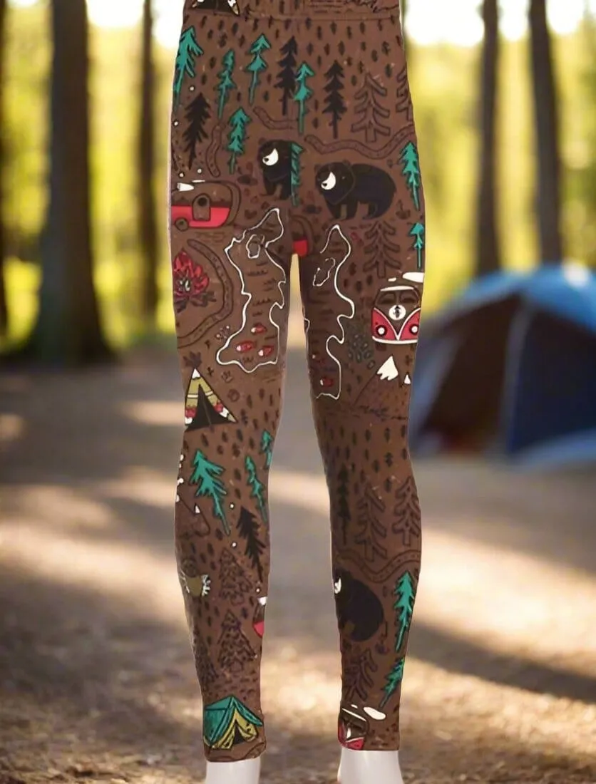 Girls Camper Bear Owl Leggings, Kids Yoga Pants, Sizes S/L, No-Roll Waist, Brown