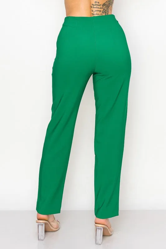 Green Solid High Waist Dress Pants