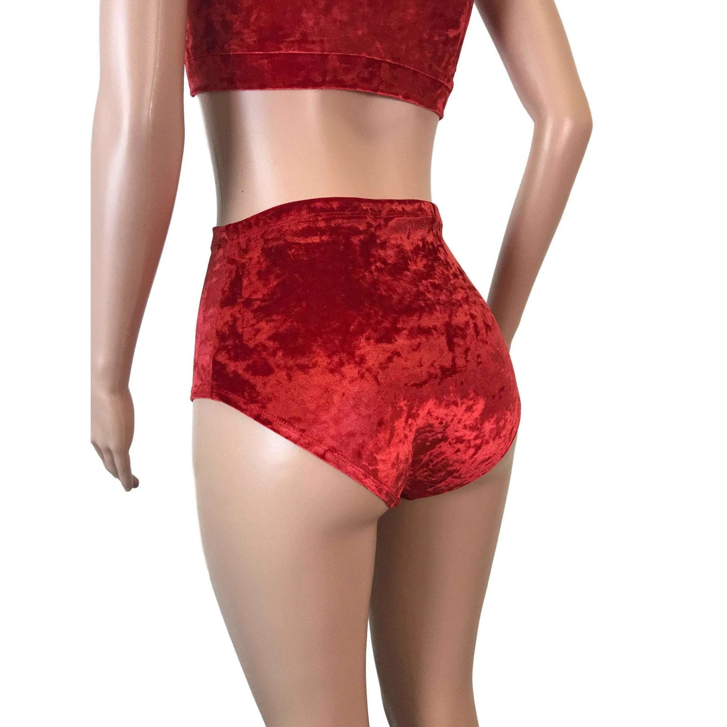 High Waist Hot Pants - Red Crushed Velvet