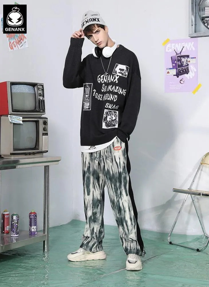 Ink Tie Dye Elastic Waist Straight Jogger Pants