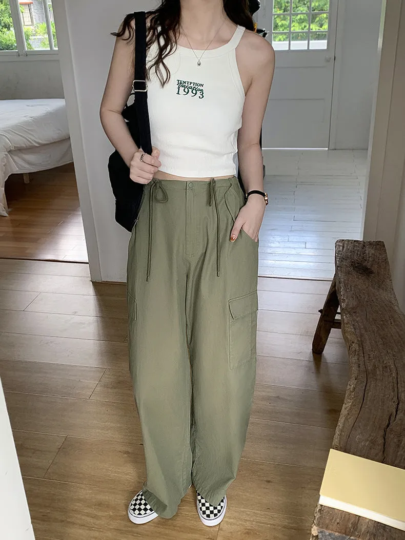 [Korean Style] High Waist Drawstring Wide Leg Cargo Pants