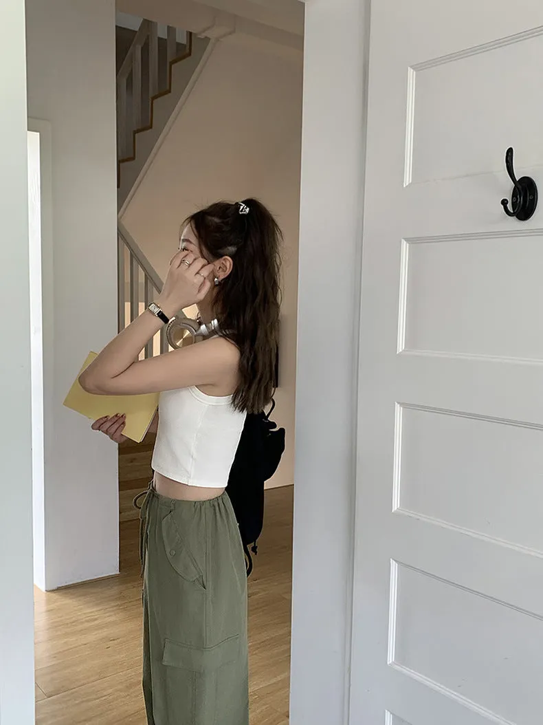 [Korean Style] High Waist Drawstring Wide Leg Cargo Pants