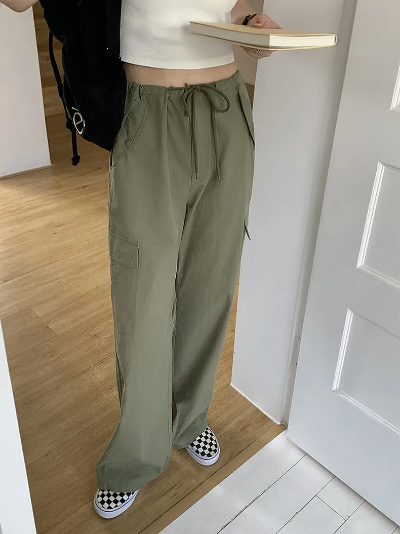 [Korean Style] High Waist Drawstring Wide Leg Cargo Pants