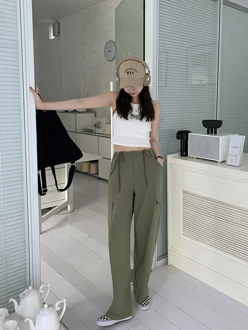 [Korean Style] High Waist Drawstring Wide Leg Cargo Pants
