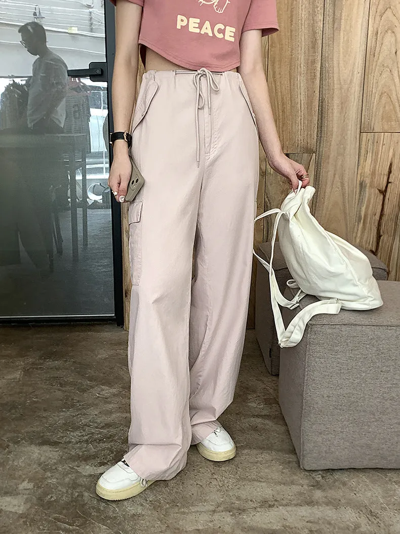 [Korean Style] High Waist Drawstring Wide Leg Cargo Pants