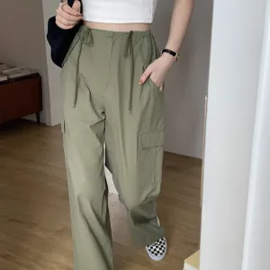 [Korean Style] High Waist Drawstring Wide Leg Cargo Pants