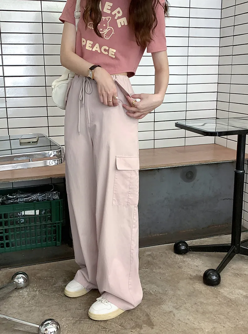 [Korean Style] High Waist Drawstring Wide Leg Cargo Pants