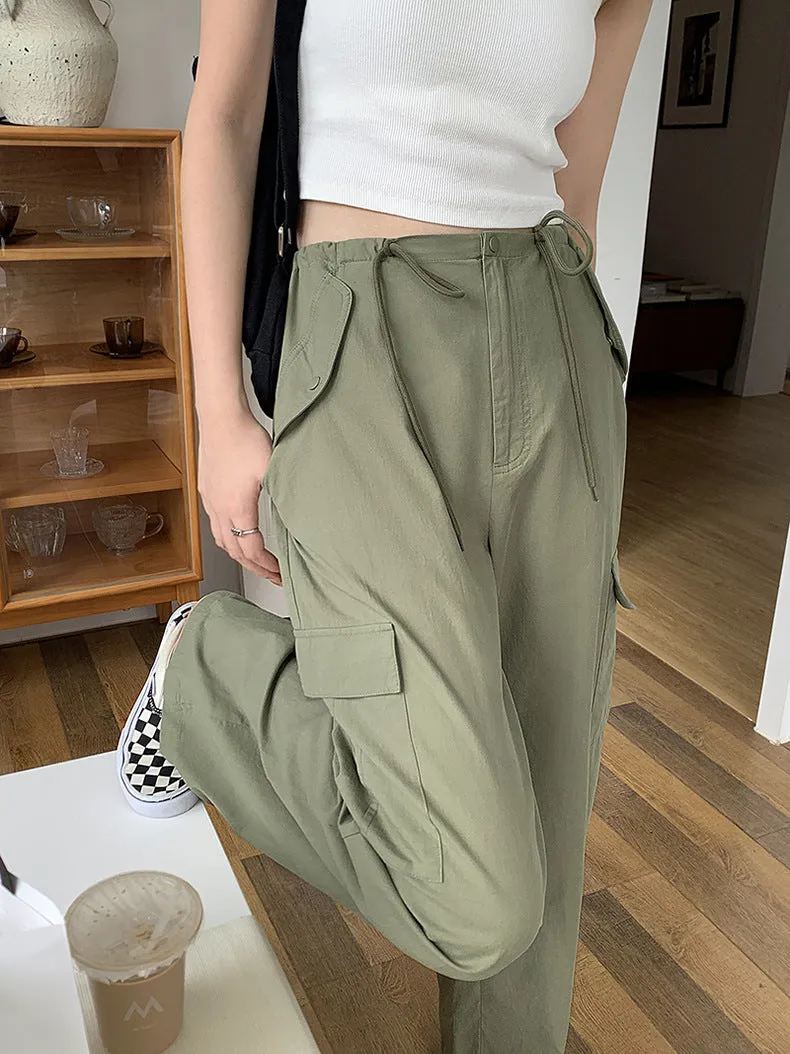 [Korean Style] High Waist Drawstring Wide Leg Cargo Pants