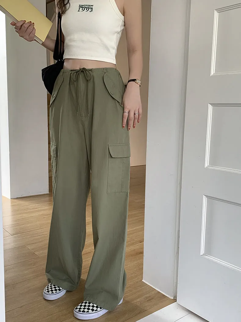 [Korean Style] High Waist Drawstring Wide Leg Cargo Pants