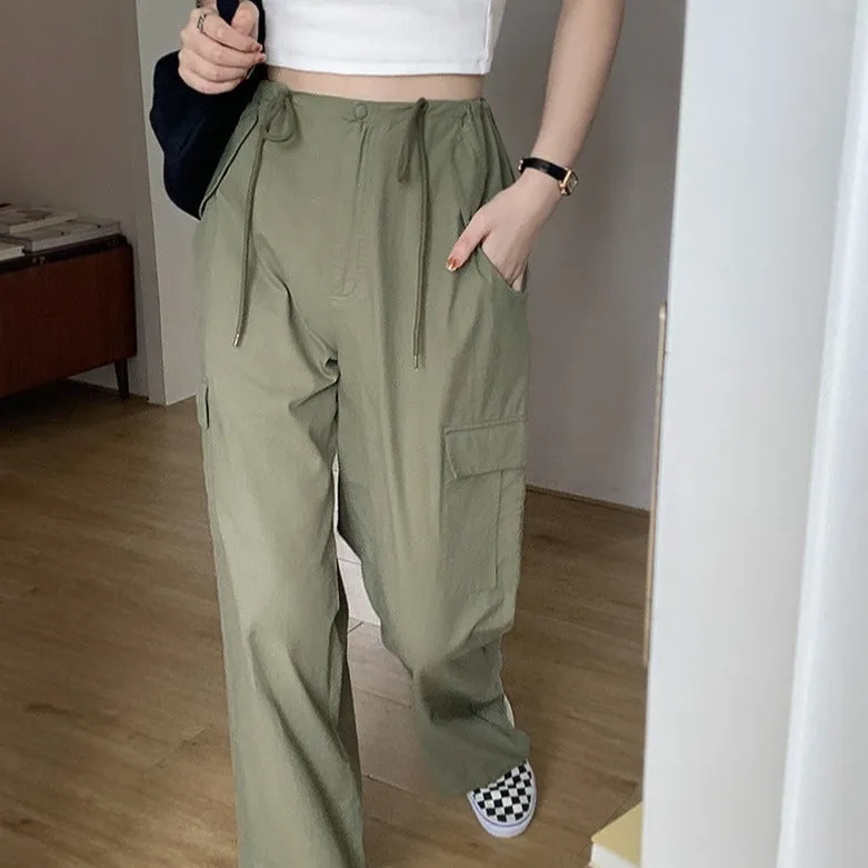 [Korean Style] High Waist Drawstring Wide Leg Cargo Pants