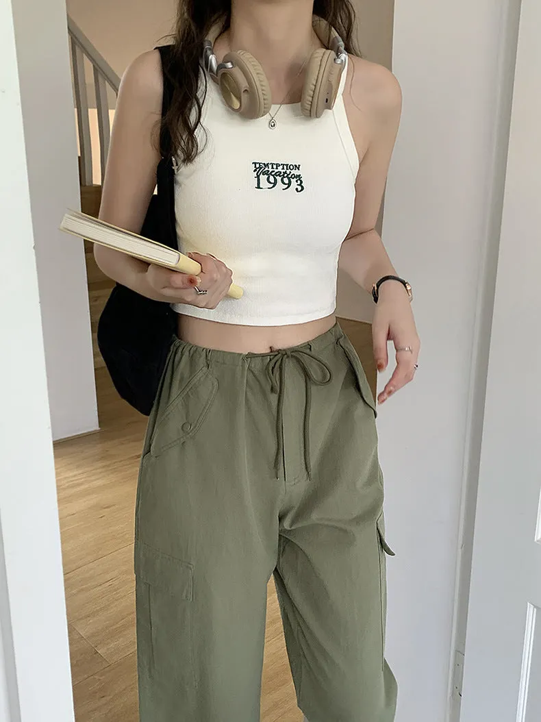 [Korean Style] High Waist Drawstring Wide Leg Cargo Pants