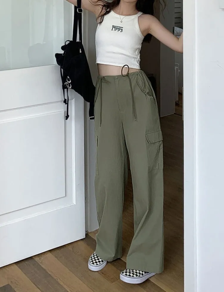 [Korean Style] High Waist Drawstring Wide Leg Cargo Pants