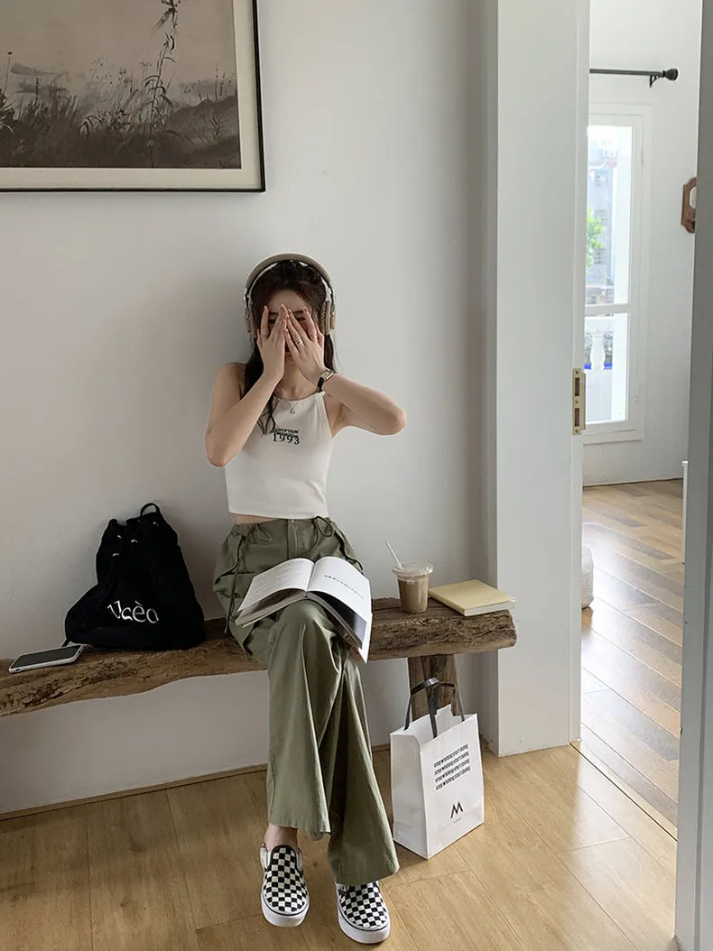 [Korean Style] High Waist Drawstring Wide Leg Cargo Pants