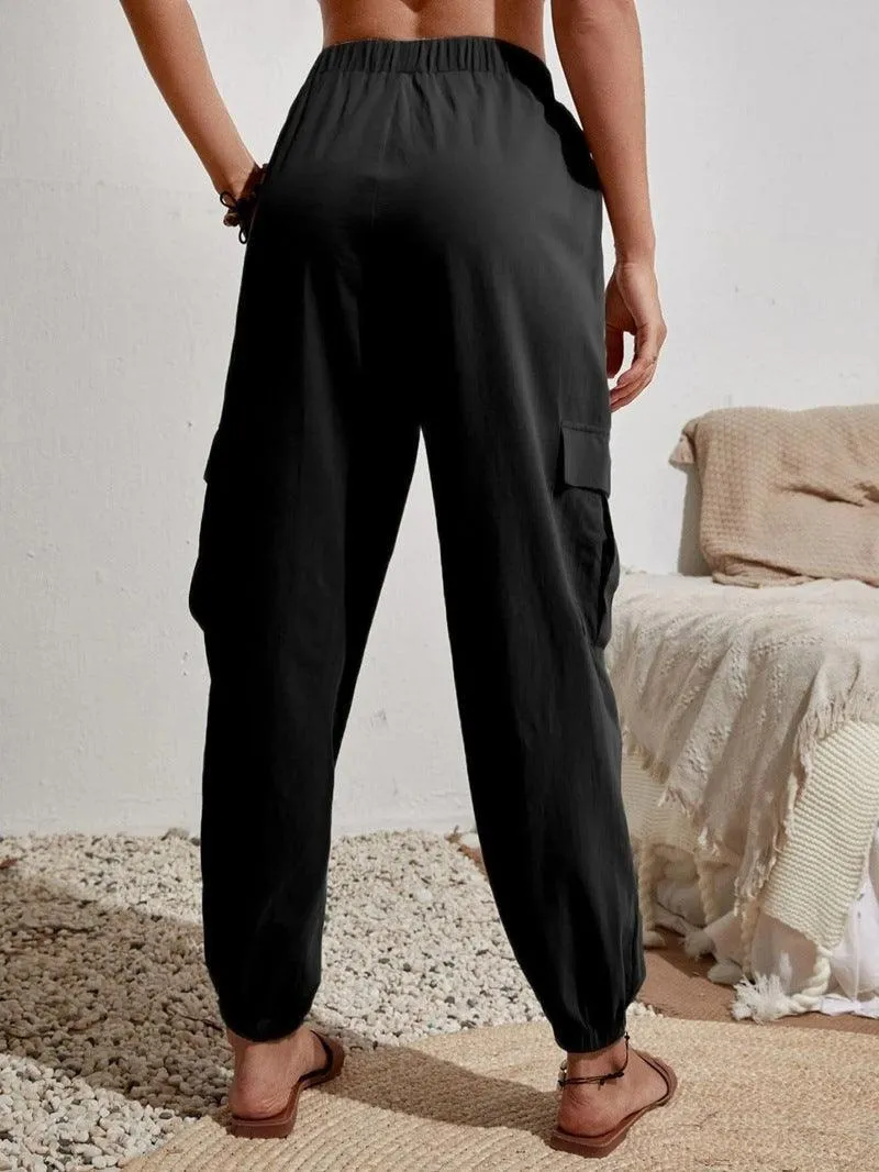 Ladies Elastic Waist Solid Color Cargo Pants AXR281