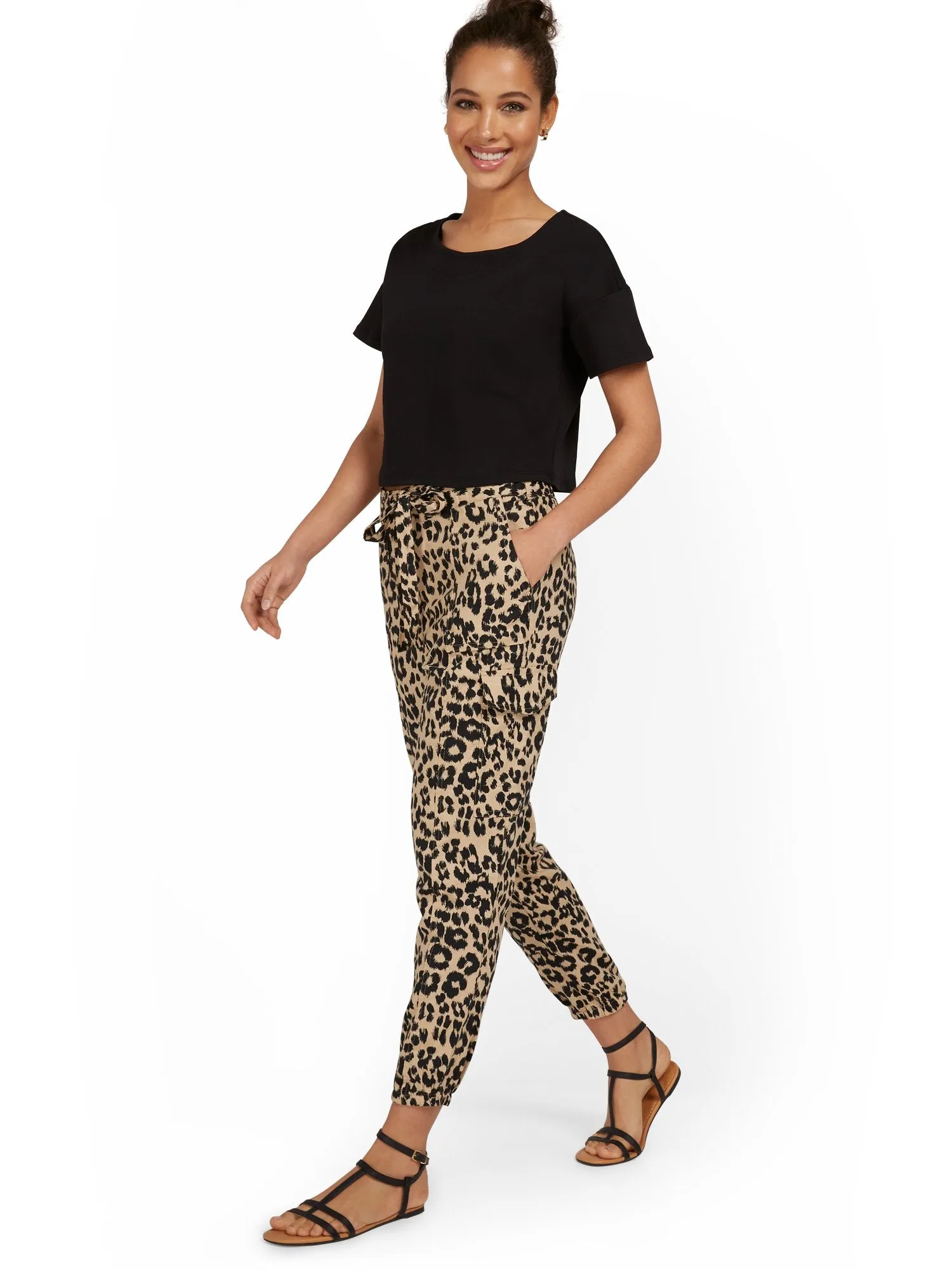 Linen-Blend High-Waisted Cargo Jogger Pant - Leopard-Print