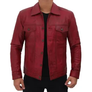 Maroon Trucker Leather Jacket Mens