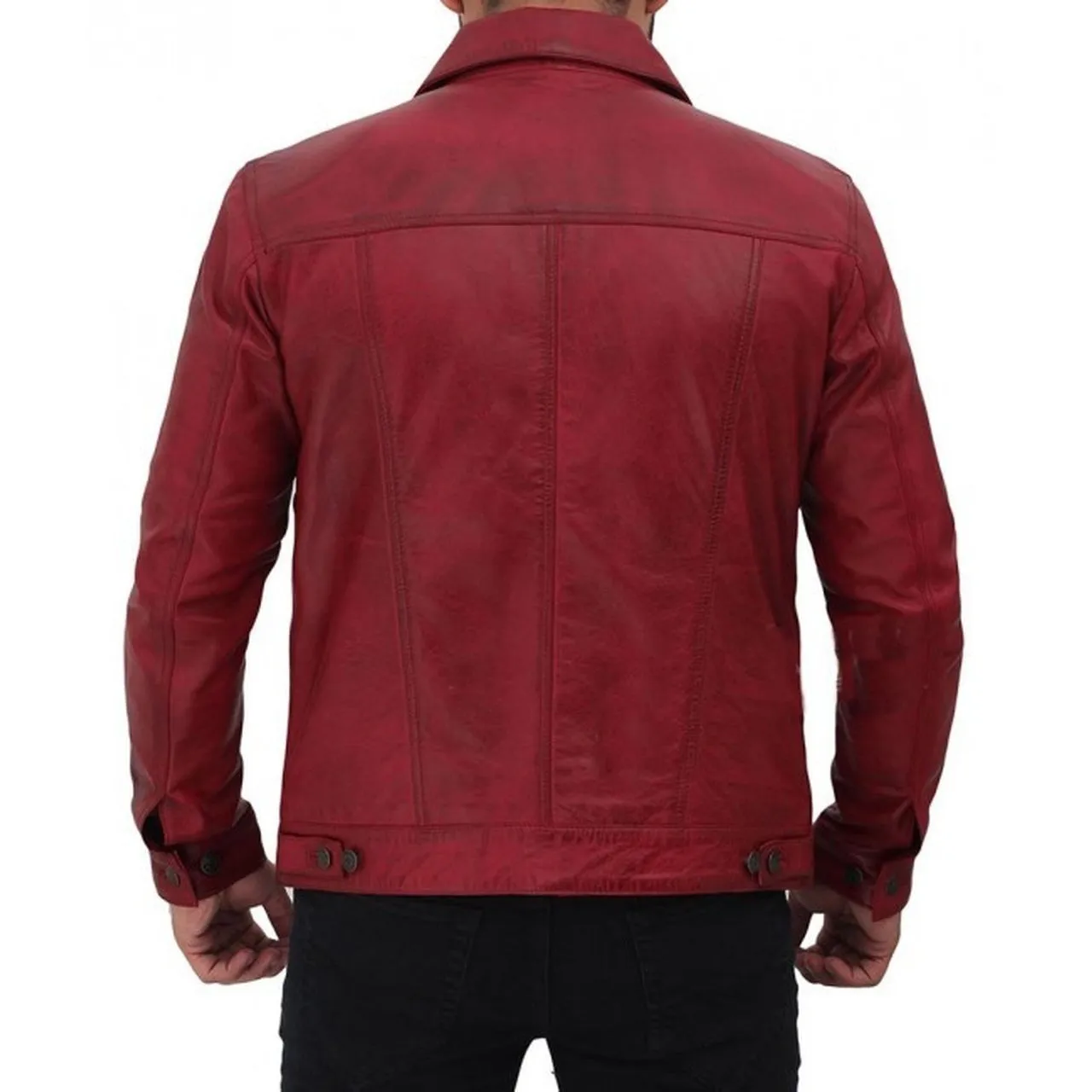 Maroon Trucker Leather Jacket Mens