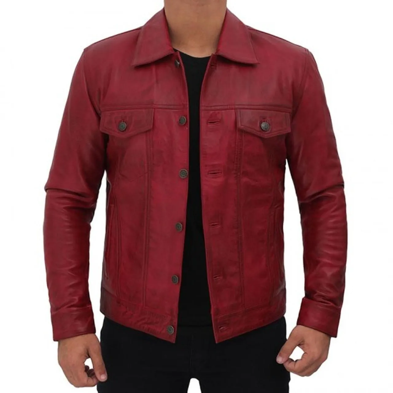 Maroon Trucker Leather Jacket Mens