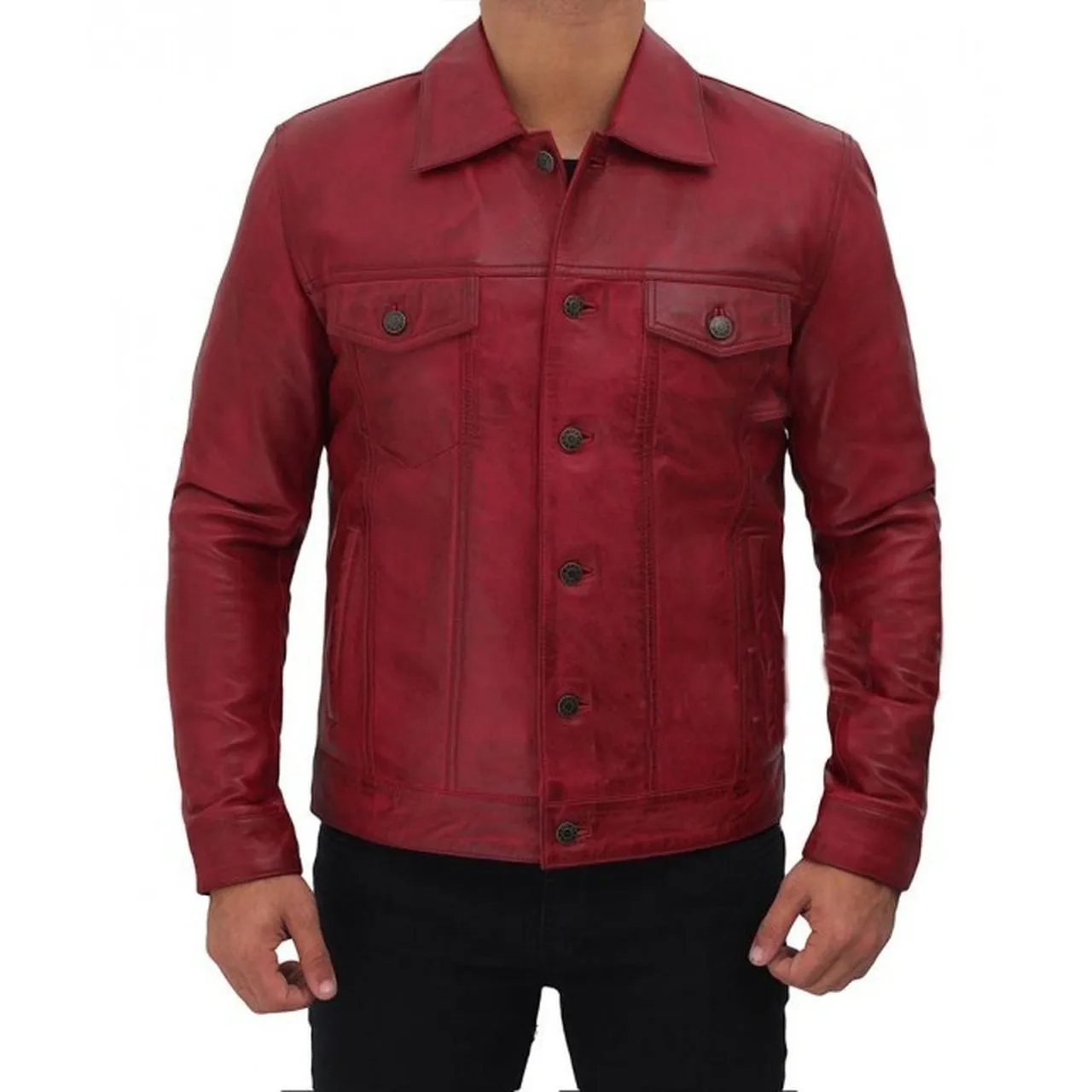 Maroon Trucker Leather Jacket Mens