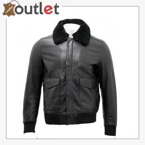 Men's A2 Black Sheep Napa Leather Bomber Jacket with Detachable Sheepskin Collar