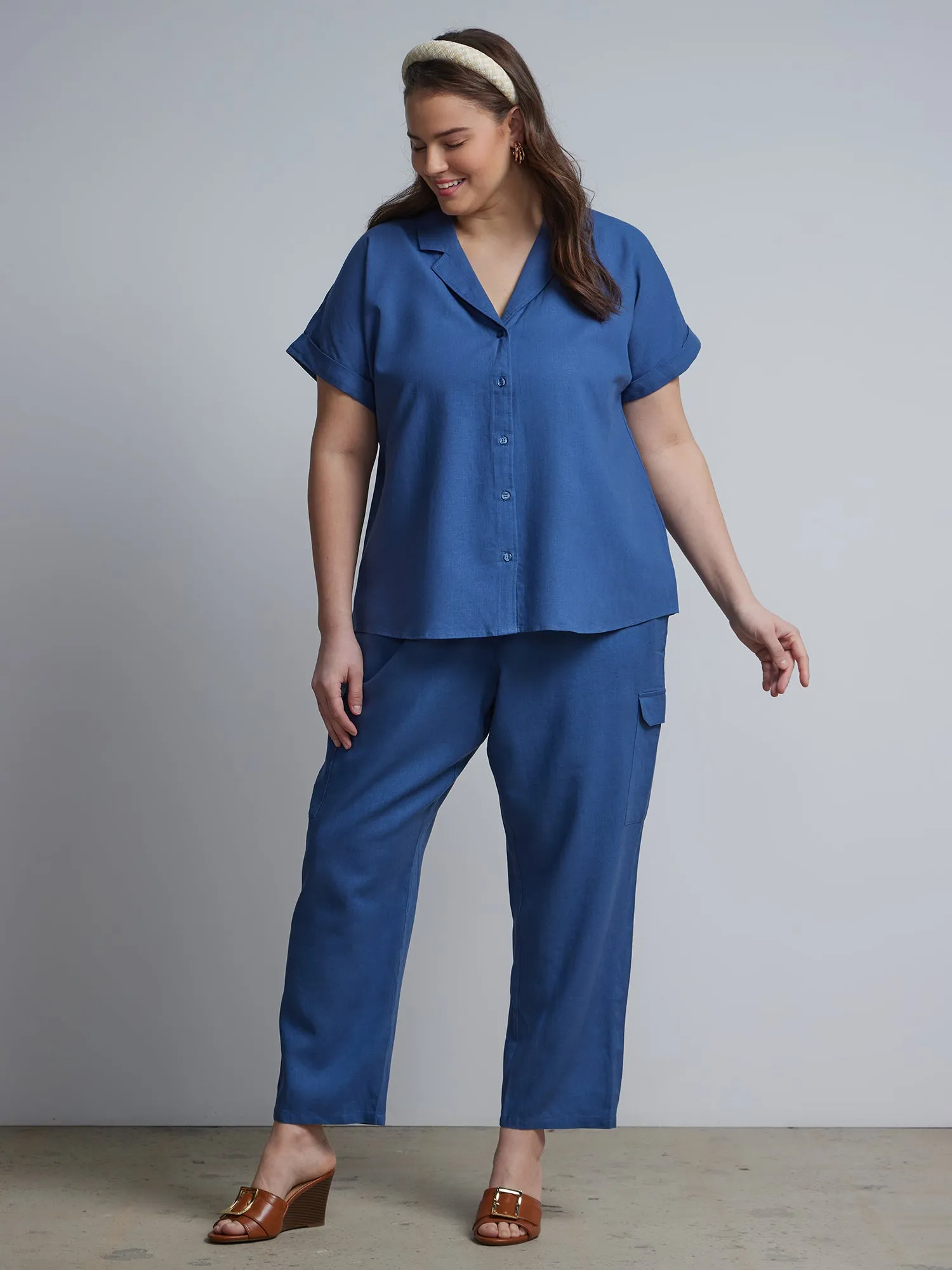 Plus Linen-Blend Patch-Pocket Ankle Pants