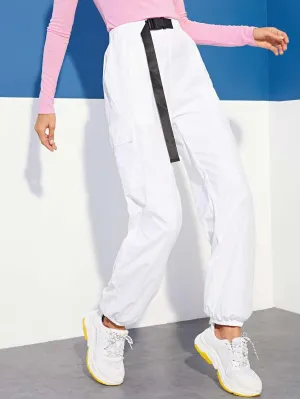 Push Buckle Belt Front Elastic Hem Pants