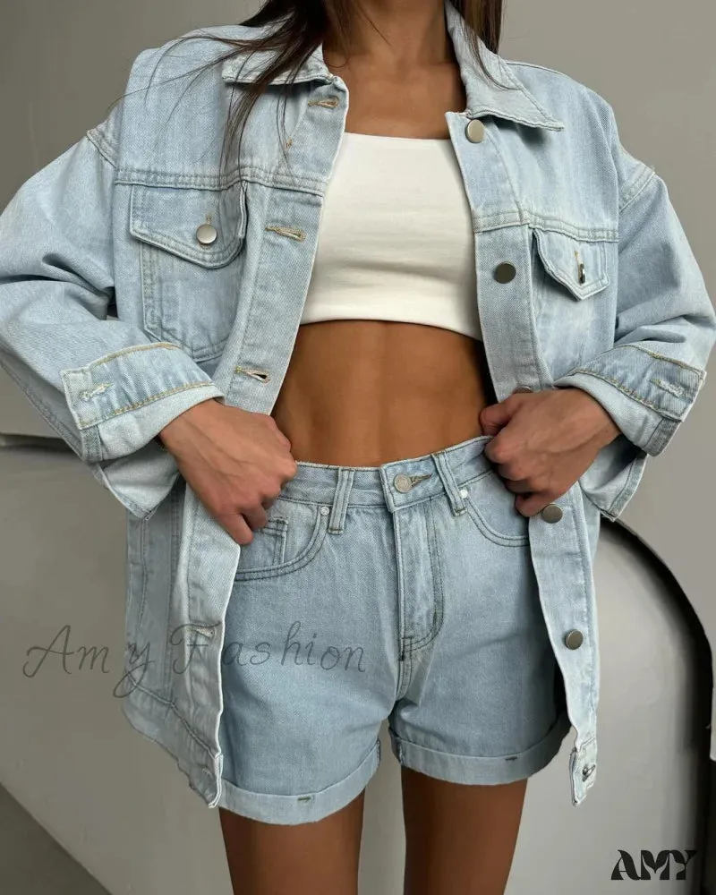 Retro Casual Chic High Waist Shirt Denim Suit