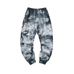 Retro style black grey tie-dye printed embroidered stretch leg sports casual pants