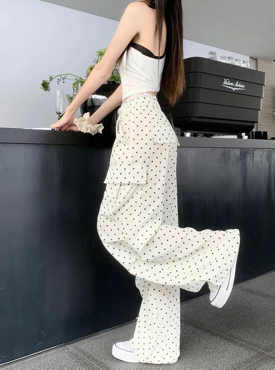 Retro Waisted Polka Dot Wide Leg Sweat Baggy Drawstring Oversize High Casual Loose Y2k Pants