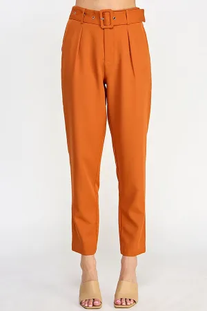 Rust High Waist Pants With Belt Detail